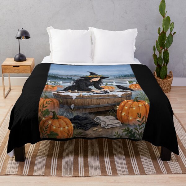 Item preview, Black witch and crow -Outdoor Laundry Day - doing laundry in washtub outdoors among pumpkins designed and sold by DibujandoPorfa.