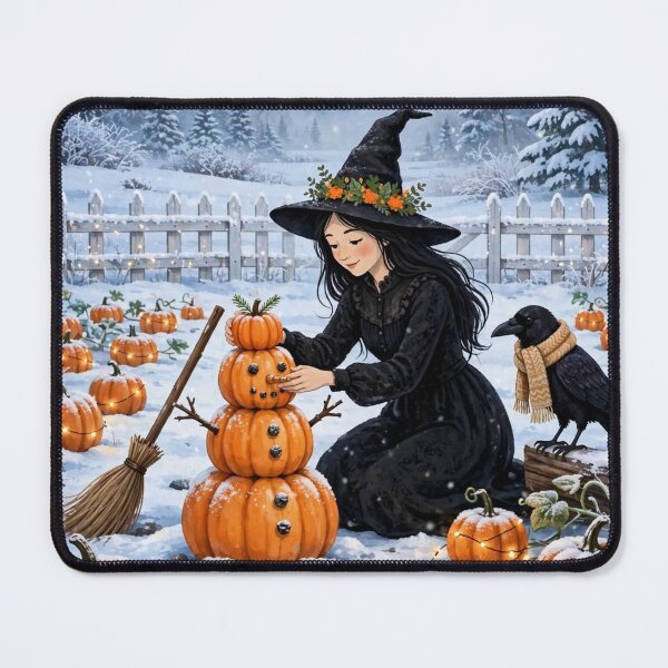 Item preview, Black witch and crow - Pumpkin Snowman - building snowman made of tiny pumpkins with scarf designed and sold by DibujandoPorfa.