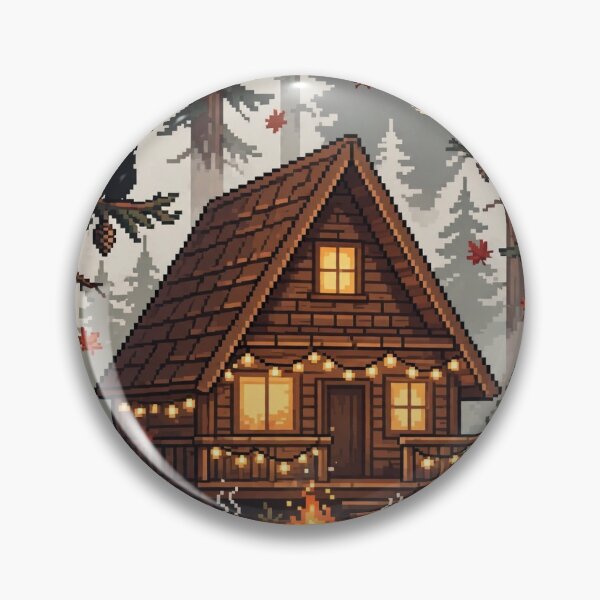 Artikelvorschau, A-Frame-Hütte, Pixelkunst, Herbstwald, Lagerfeuer entworfen und verkauft von Ebodega.