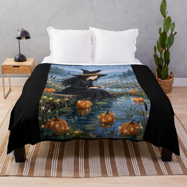 Item preview, Black witch and crow - Pumpkin Fishing - fishing in small pond with floating pumpkins, crow on hat designed and sold by DibujandoPorfa.