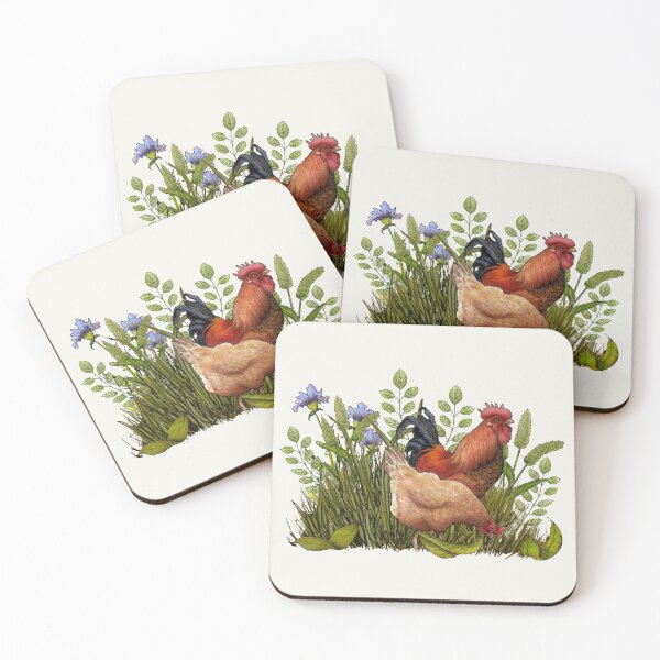 Item preview, Rooster and Hen in the Grass and Weeds Illustration designed and sold by JoyfulWhimsy.