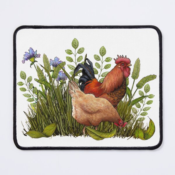 Item preview, Rooster and Hen in the Grass and Weeds Illustration designed and sold by JoyfulWhimsy.