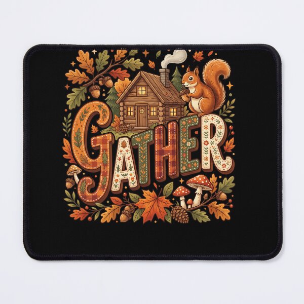 Item preview, Rustic Autumn Gather Illustration with Log Cabin Squirrel Pumpkins and Floral Lettering designed and sold by ArcaneArtistry.