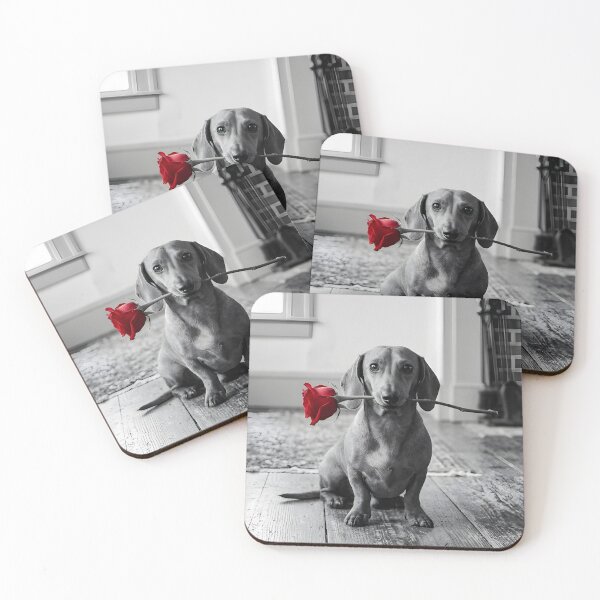Item preview, Gothic Miniature Dachshund with Red Rose - Moody Black and White Living Room Art designed and sold by TheDogRose | Dark Dog Art.