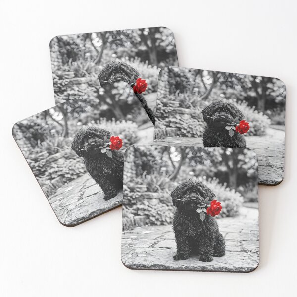 Item preview, Gothic Hungarian Puli with Red Rose - Moody Black and White Forest Terrace Art designed and sold by TheDogRose | Dark Dog Art.