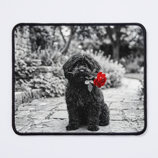 Item preview, Gothic Hungarian Puli with Red Rose - Moody Black and White Forest Terrace Art designed and sold by TheDogRose | Dark Dog Art.