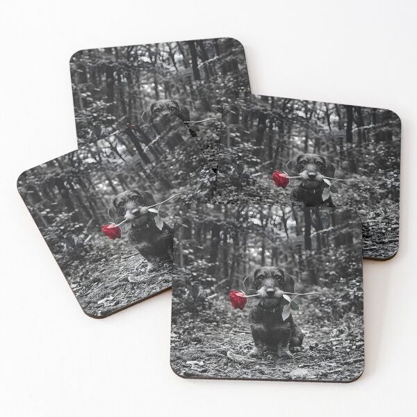 Item preview, Gothic Dachshund in Misty Forest with Red Rose - Black and White Nature Art designed and sold by TheDogRose | Dark Dog Art.