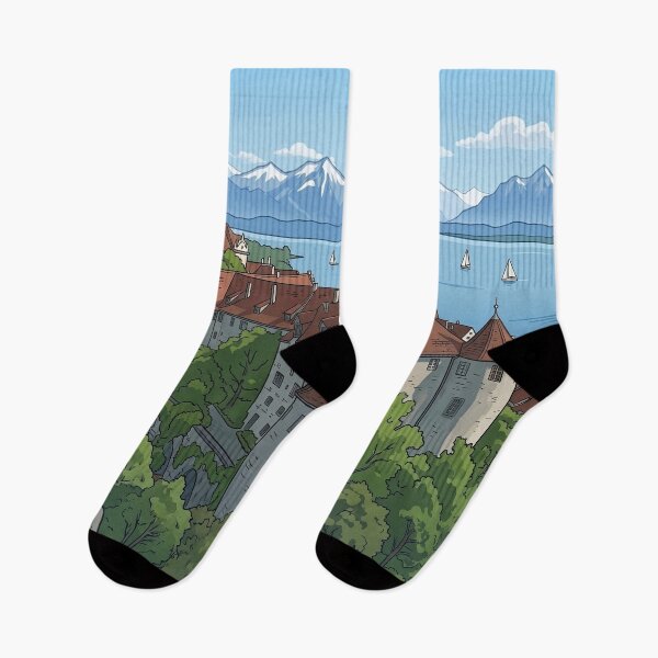 Item preview, Meersburg on Lake Constance old castle and new palace with Swiss Alps Vintage Retro Illustration  designed and sold by strandbar.