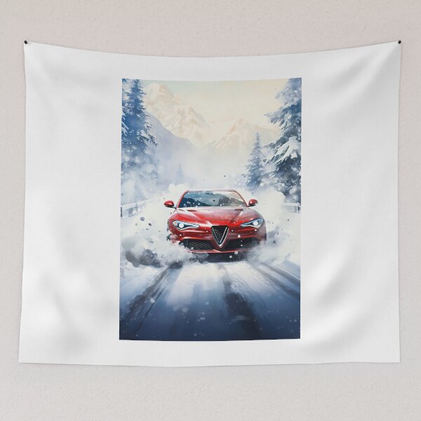 Item preview, Red Performance Sedan Charging Through Snowy Mountain Road designed and sold by RevUpDesign.