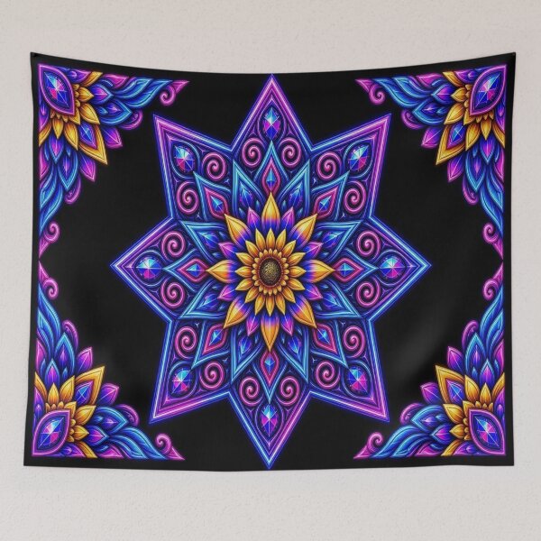Item preview, Cosmic Neon Sunflower Mandala - Futuristic Psychedelic Star Pendant designed and sold by Breezes-of-Ida.