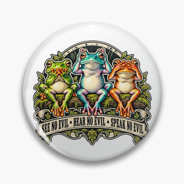 Item preview, Three Wise Frogs Vintage Badge: See No Evil, Hear No Evil, Speak No Evil Retro Toad Illustration designed and sold by ZayCreates.