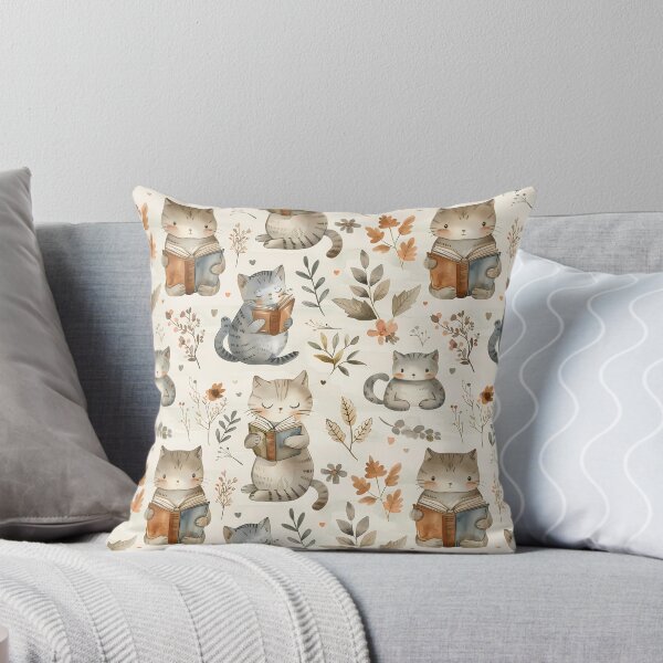 Item preview, Watercolor Cute Reading Cats and Botanical Seamless Pattern designed and sold by Phongphut.