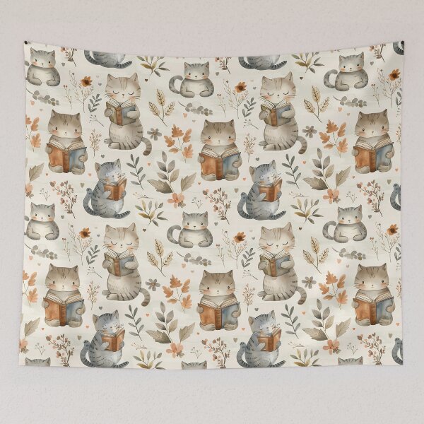 Item preview, Watercolor Cute Reading Cats and Botanical Seamless Pattern designed and sold by Phongphut.