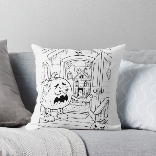 Item preview, Scared Pumpkin at Haunted House – Funny Halloween Cartoon designed and sold by ComedyInkFactor.