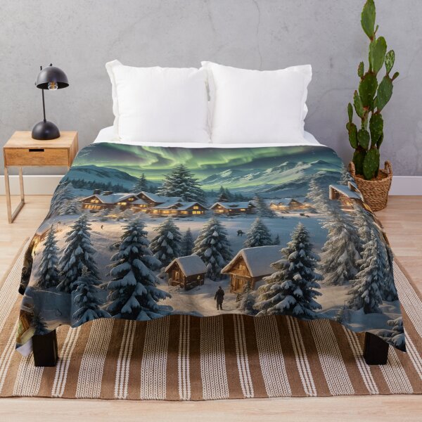 Item preview, Cozy Winter Village Under Northern Lights designed and sold by MarionsArt.
