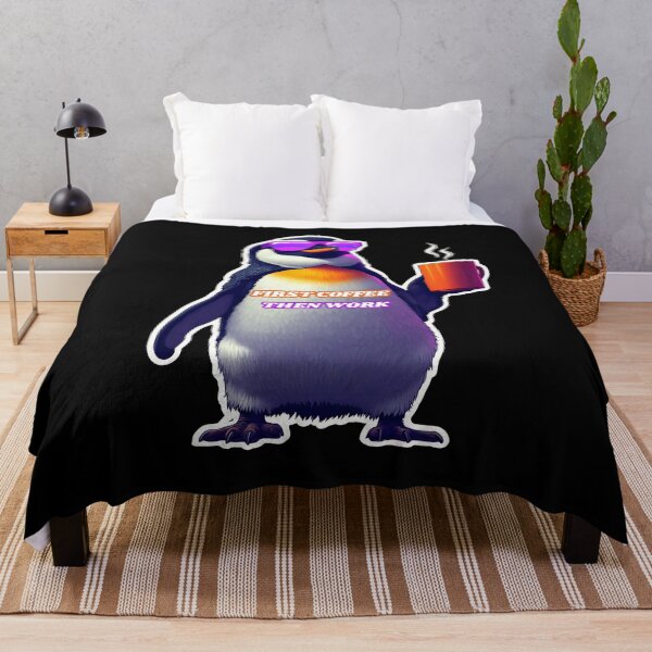 Item preview, First Coffee Then Work Funny Cyberpunk Corporate Penguin Meme designed and sold by Cyber Gold Studio.