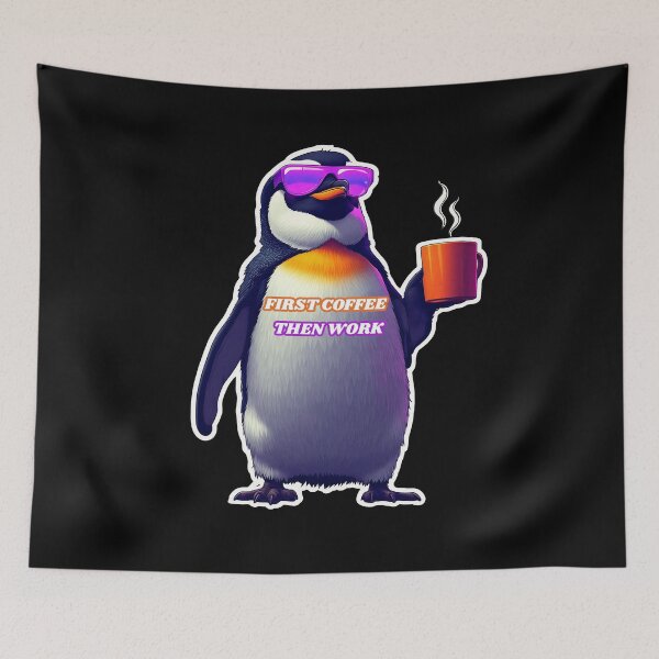 Item preview, First Coffee Then Work Funny Cyberpunk Corporate Penguin Meme designed and sold by Cyber Gold Studio.