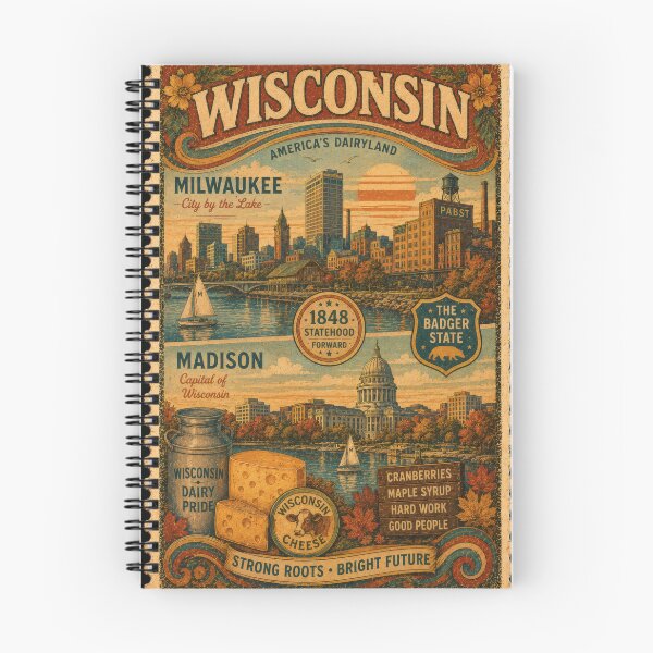Item preview, Vintage Wisconsin Postage Stamp Illustration, Retro Badger State Travel Poster with Lake Michigan Shoreline, Pine Forests and Rustic Midwest Americana Souvenir Wall Art designed and sold by PaintedPixels01.
