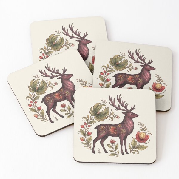 Item preview, Copy of Vintage Folk Art Red Stag - Folkloric Botanical Illustration designed and sold by OpenFieldNotes.