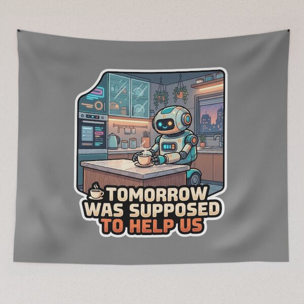 Item preview, Friendly Rounded Household Robot Futuristic Kitchen Illustration designed and sold by KhAIa Reeve Art Studio.
