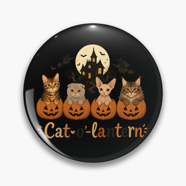 Item preview, Cat-O’-Lantern – Four cute cats in pumpkins in front of the haunted house designed and sold by Bengoer18.
