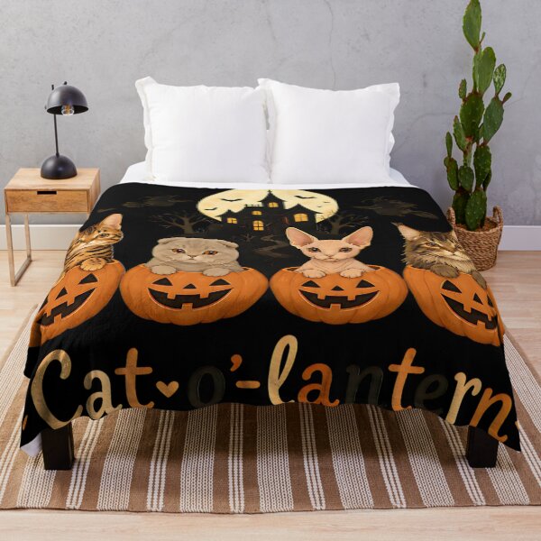 Item preview, Cat-O’-Lantern – Four cute cats in pumpkins in front of the haunted house designed and sold by Bengoer18.