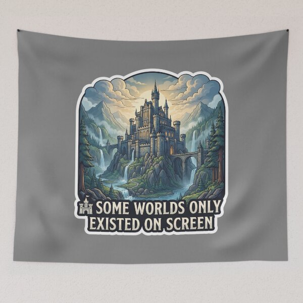 Item preview, Ancient Stone Citadel Misty Mountain Waterfall Kingdom Art designed and sold by KhAIa Reeve Art Studio.