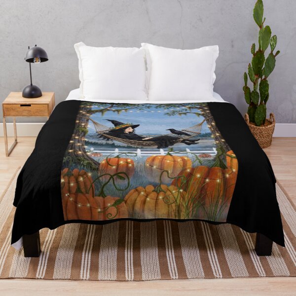 Item preview, Black witch and crow - Hammock Nap - swinging in hammock between trees over pumpkins designed and sold by DibujandoPorfa.
