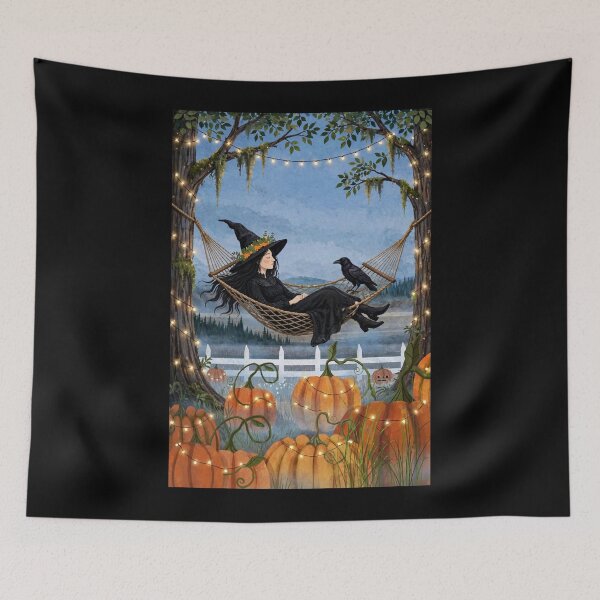 Item preview, Black witch and crow - Hammock Nap - swinging in hammock between trees over pumpkins designed and sold by DibujandoPorfa.