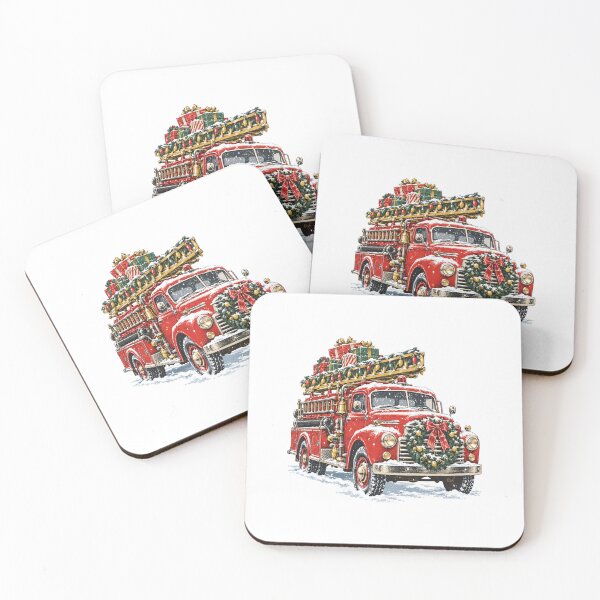 Item preview, Vintage Red Fire Truck with Wreath and Gifts designed and sold by Watercolorsart.