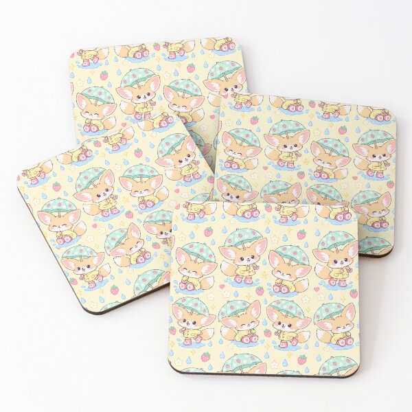 Item preview, Kawaii Rainy Day Fennec Fox with Strawberry Rain Boots Pastel Pattern designed and sold by Soft Berry Studio.