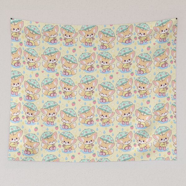 Item preview, Kawaii Rainy Day Fennec Fox with Strawberry Rain Boots Pastel Pattern designed and sold by Soft Berry Studio.