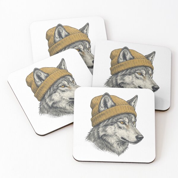 Item preview, Vintage Gray Wolf in Beanie Hat, Hipster Timberwolf Mountain Wildlife Illustration designed and sold by raedattia.