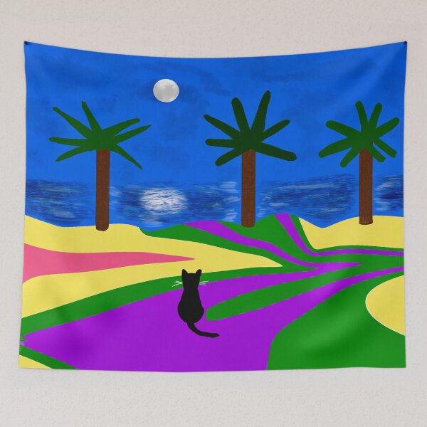 Item preview, Cat Stares at Tropical Moonlit Scene designed and sold by Elaine M Hayward .
