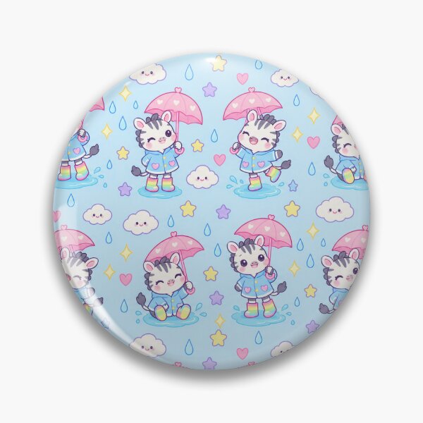 Artikelvorschau, Kawaii-Regentag-Zebramuster mit Regenbogen-Regenstiefeln und rosa Regenschirmen entworfen und verkauft von Soft Berry Studio.