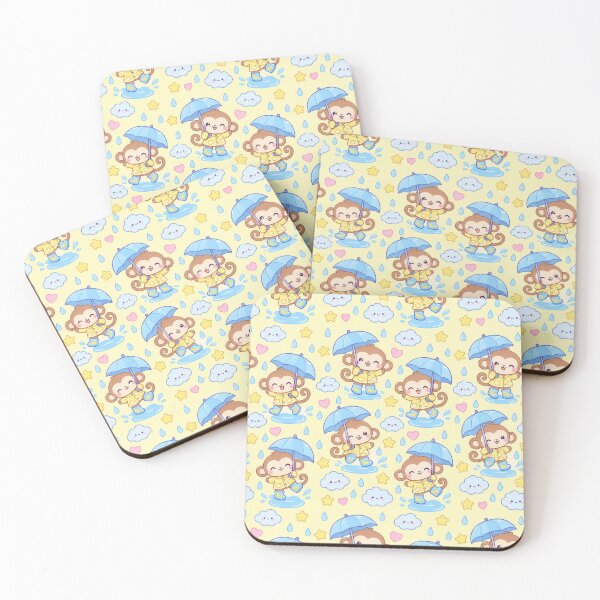 Item preview, Kawaii Rainy Day Monkey Pattern with Banana Rain Boots and Blue Umbrellas designed and sold by Soft Berry Studio.