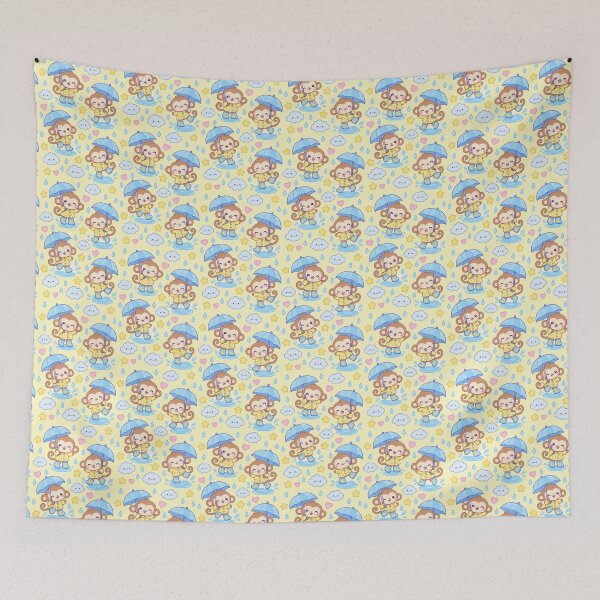 Item preview, Kawaii Rainy Day Monkey Pattern with Banana Rain Boots and Blue Umbrellas designed and sold by Soft Berry Studio.