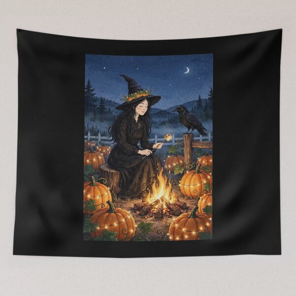 Item preview, Black witch and crow - Marshmallow Roast - roasting marshmallows over campfire in pumpkin patch at night designed and sold by DibujandoPorfa.