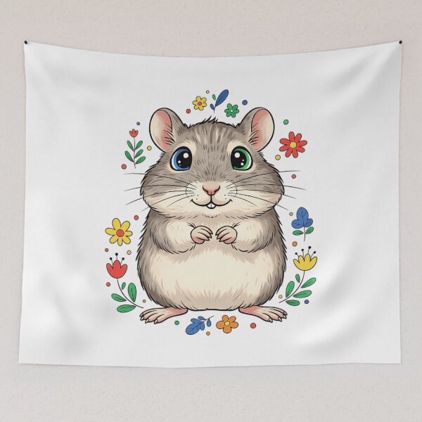 Item preview, Gerbil with Odd Eyes - Cute Folk Art Floral Illustration designed and sold by Lucid Dream Pixel.