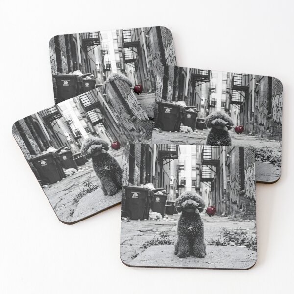 Item preview, Gothic Miniature Poodle with Red Rose - Moody Black and White Abandoned Alley Art designed and sold by TheDogRose | Dark Dog Art.