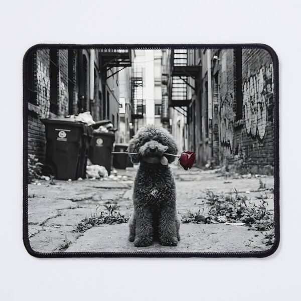 Item preview, Gothic Miniature Poodle with Red Rose - Moody Black and White Abandoned Alley Art designed and sold by TheDogRose | Dark Dog Art.