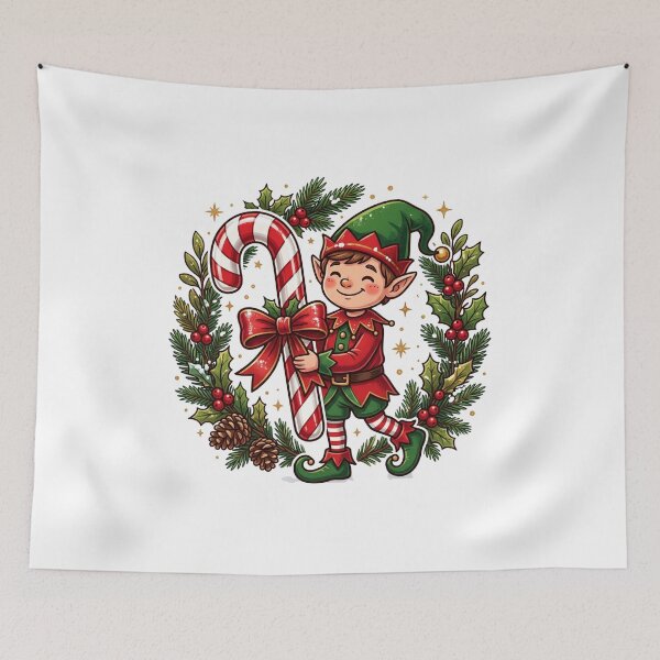 Item preview, Christmas Elf Wreath Candy Cane Illustration designed and sold by DariaOltes.