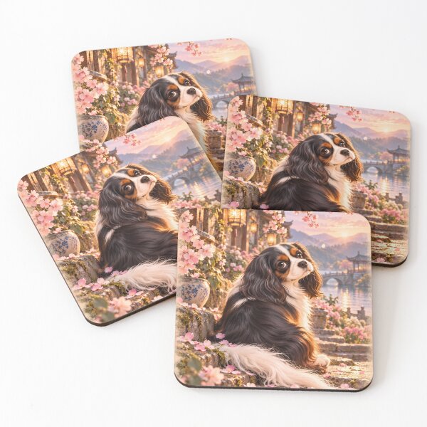 Item preview, Cavalier King Charles Spaniel on Cherry Blossom Steps – Dog Art designed and sold by ManJiangHong.