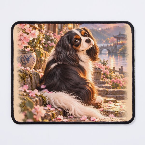 Item preview, Cavalier King Charles Spaniel on Cherry Blossom Steps – Dog Art designed and sold by ManJiangHong.
