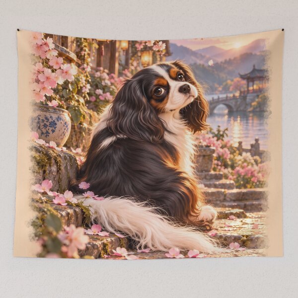 Item preview, Cavalier King Charles Spaniel on Cherry Blossom Steps – Dog Art designed and sold by ManJiangHong.