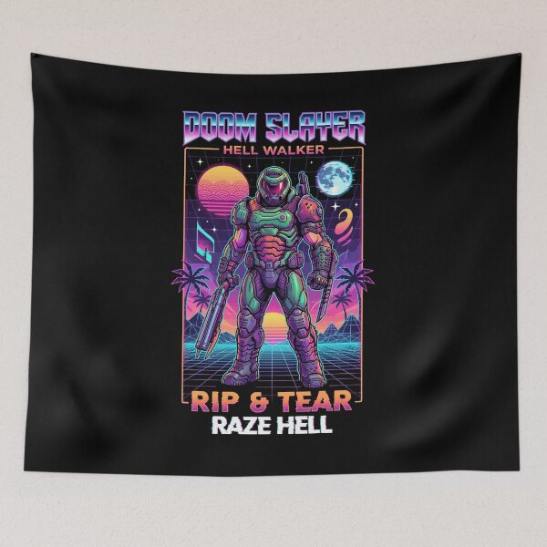 Item preview, Doom Slayer Synthwave Vaporwave Rip And Tear designed and sold by RatherCreative.