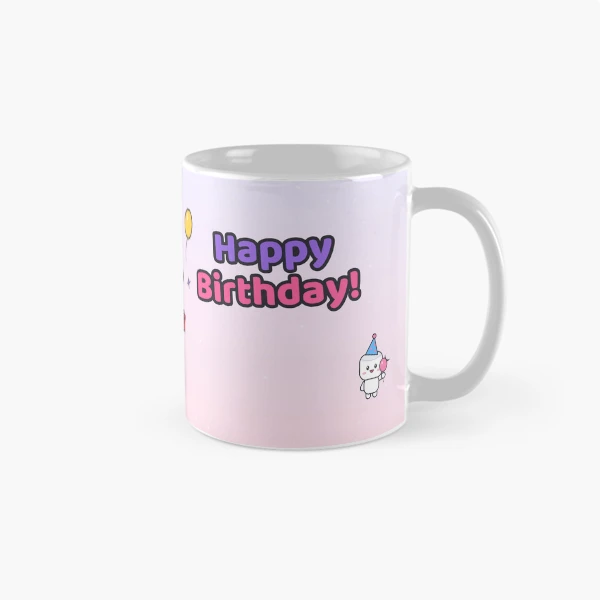 Happy Birthday - Cute Party Marshmallow Pip with Cake and Balloons — Classic Mug by BiMood