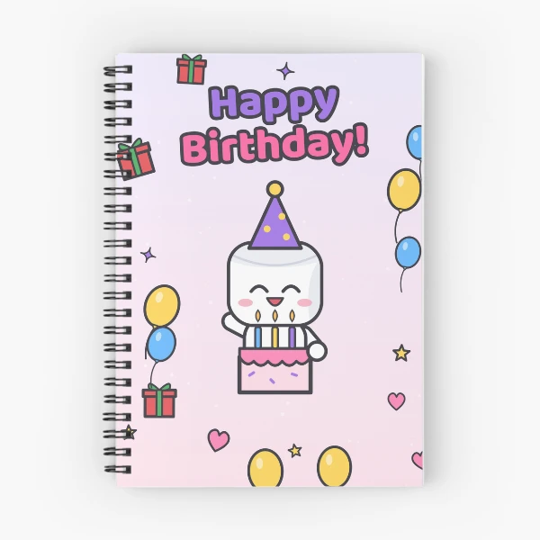 Happy Birthday - Cute Party Marshmallow Pip with Cake and Balloons — Spiral Notebook by BiMood