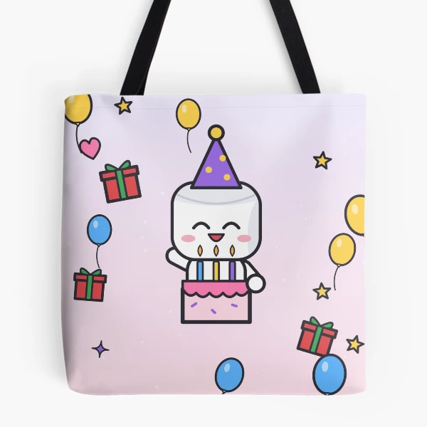 Happy Birthday - Cute Party Marshmallow Pip with Cake and Balloons — All Over Print Tote Bag by BiMood