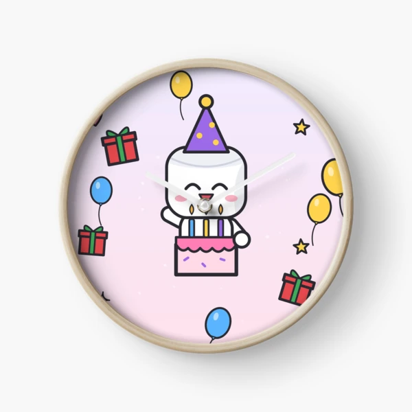 Happy Birthday - Cute Party Marshmallow Pip with Cake and Balloons — Clock by BiMood